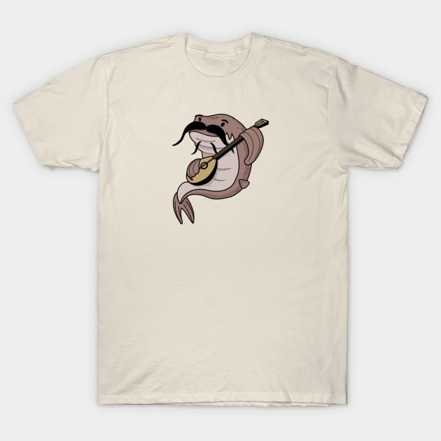 Catfish playing lute cartoon T-Shirt by ballooonfish